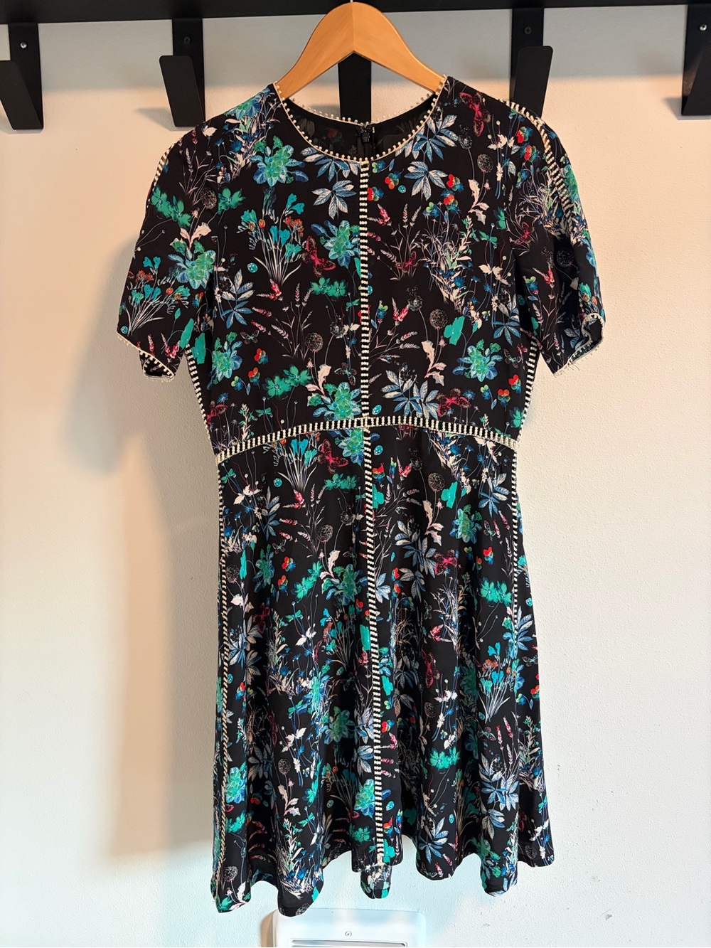 The Kooples Floral Short Sleeve Black Dress with Lace and Teal Accents
